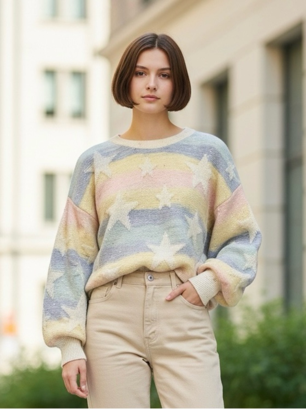 Minimal Pastel Star Pattern Crewneck sparkly Sweater - XL